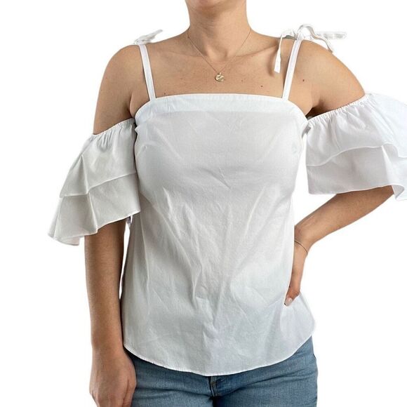 White House Black Market Off the Shoulder White Top Blouse Size 4 Ruffle Sleeves - Picture 4 of 9